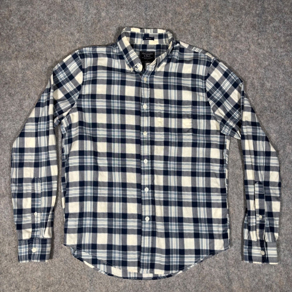 Abercrombie & Fitch Muscle Fit Flannel Mens L Blue White Plaid Button Down Twill